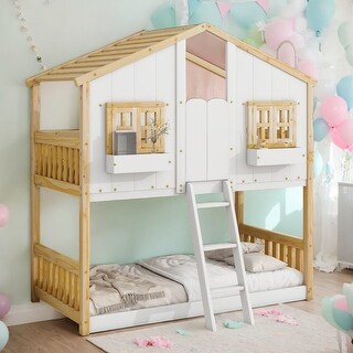 Twin Low Height Design Wood House Roof bunk Bed with Roof,Window Box,Door,with Safety Guardrails and Ladder,Natural/White