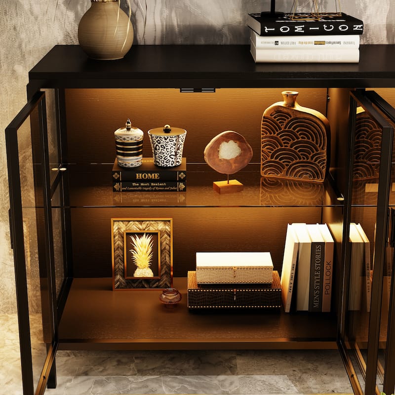 Black Metal & Glass Display Cabinet with LED Lights Accent Cabinet - 55.1"W