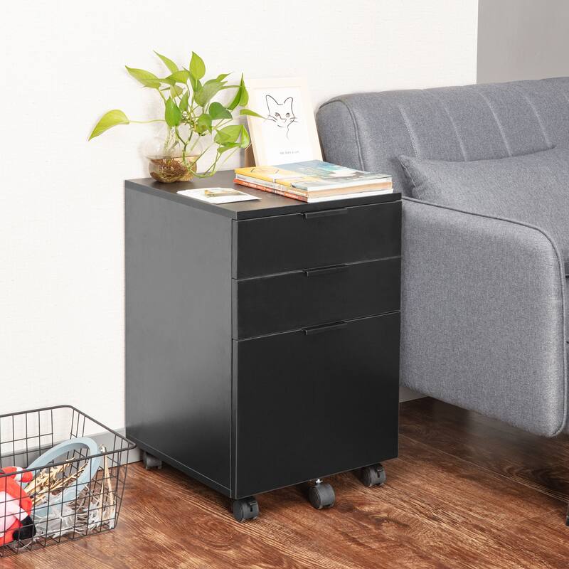 JJS 3 Drawer Rolling Wood File Cabinet with Locking Wheels for A4 or Letter Size