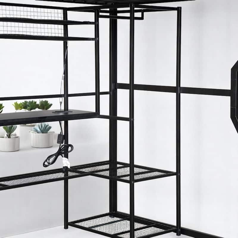 Full Size Metal Loft Bed with Desk, LED Lights, Charging Station, Open Wardrobe & Storage Shelves, Gaming Workstation Loft Frame
