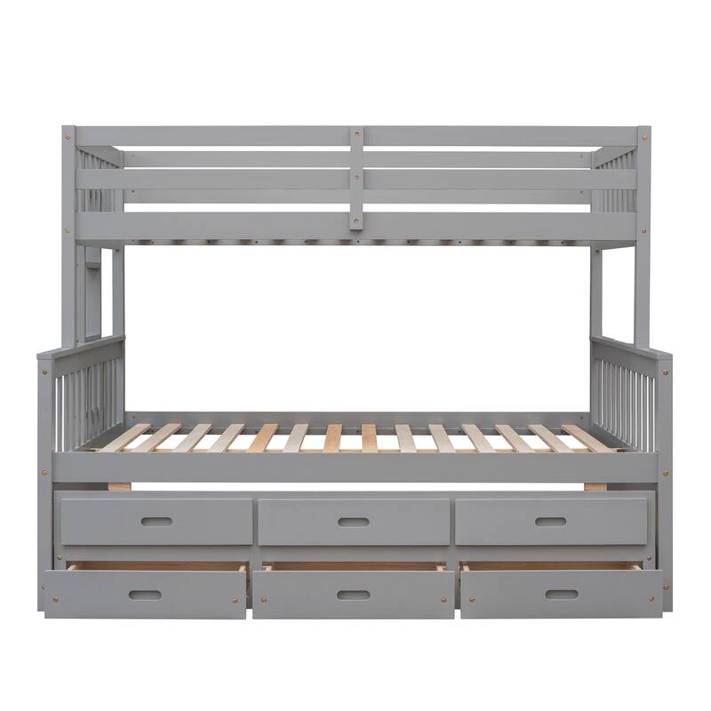 HomeRoots Gray Twin Over Full Solid Wood Bunk Bed With Drawers And Trundle And Storage