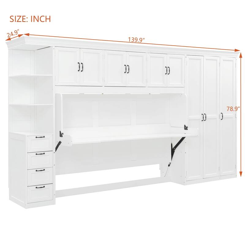 Roomfitters Twin Size Wall Murphy Bed with Wardrobe, Cabinet & Foldable Desk