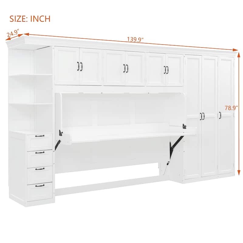 Versatile Twin Size Murphy Bed Fold-down Storage Wall Bed with Temporary Desk, Top Cabinets, Side Wardrobe, Drawers and Shelves