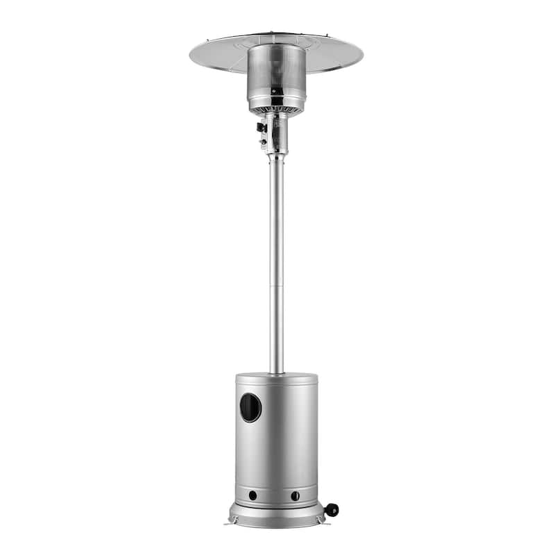 Silver Stainless Steel Propane Patio Heater with Wheels and Glass Flame Perfect for Gatherings of 6-8 People - 32.01x32.01x87.40