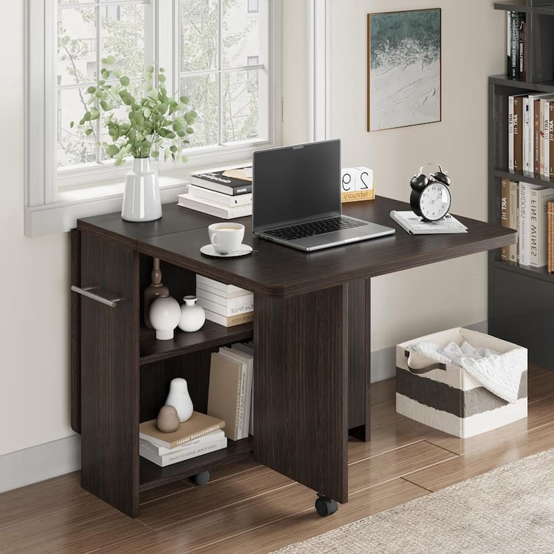 Drop Leaf Dining Table with Storage Rack and Wheels for Small Spaces