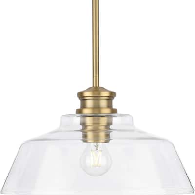 Singleton Collection 1-Light 14 in. Vintage Brass Medium Pendant Light with Clear Glass Shade
