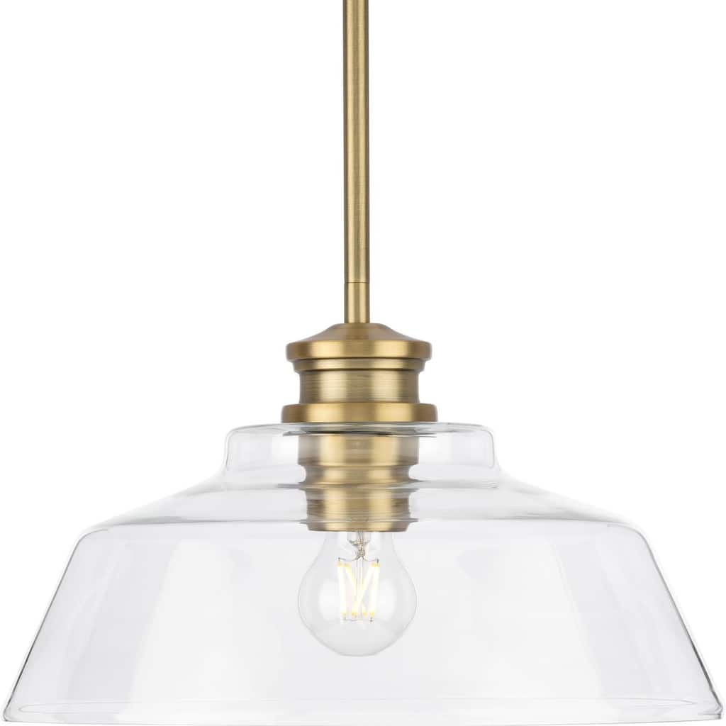 Singleton Collection 1-Light 14 in. Vintage Brass Medium Pendant Light with Clear Glass Shade