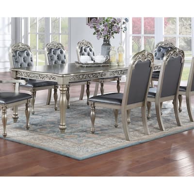 Formal 1pc Dining Table w 2x Leaves Only Silver / Grey Finish Antique Design Rubberwood Large Family Dining Room Furnitu
