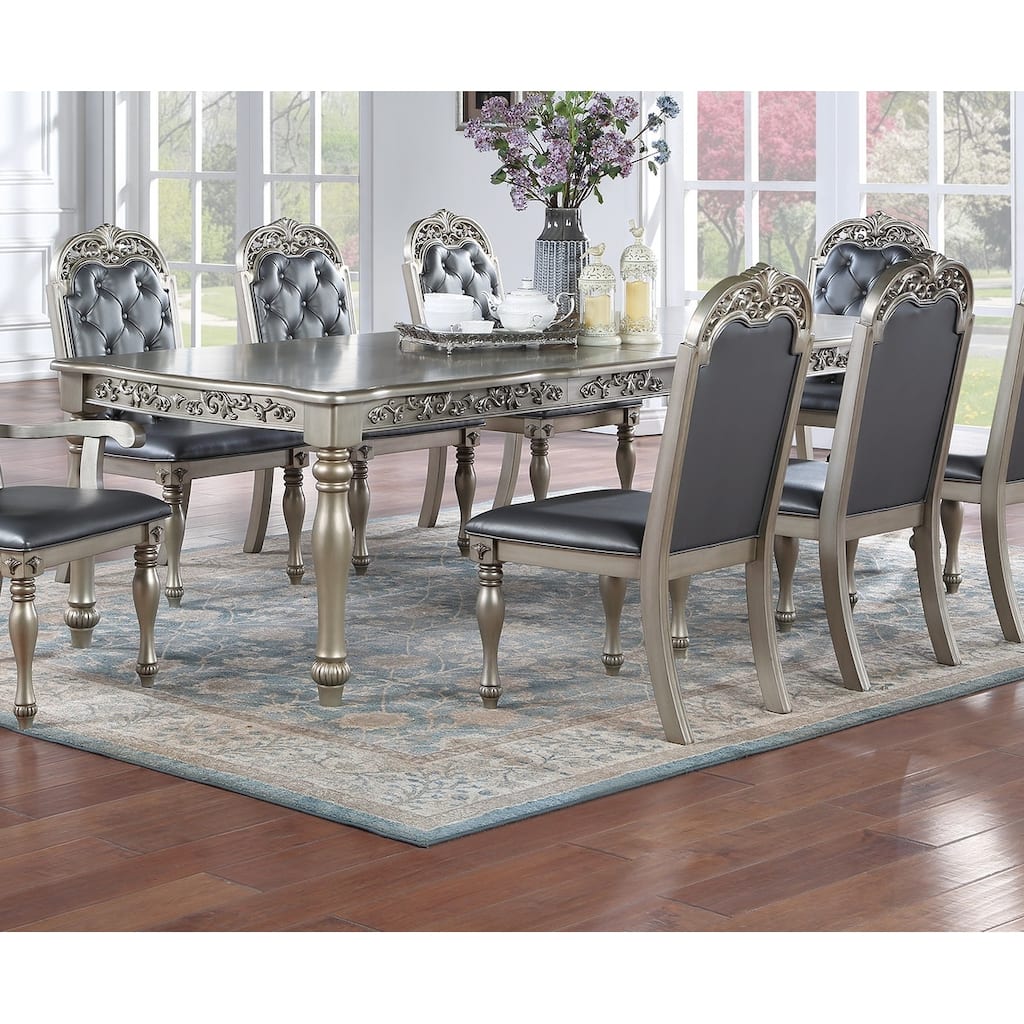 Formal 1pc Dining Table w 2x Leaves Only Silver / Grey Finish Antique Design Rubberwood Large Family Dining Room Furnitu