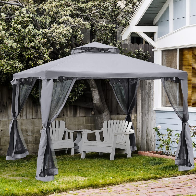 Outsunny 9.5' x 9.5' Patio Gazebo Outdoor Pavilion 2 Tire Roof Canopy Shelter Garden Event Party Tent Yard Sun Shade Steel Frame - Grey 