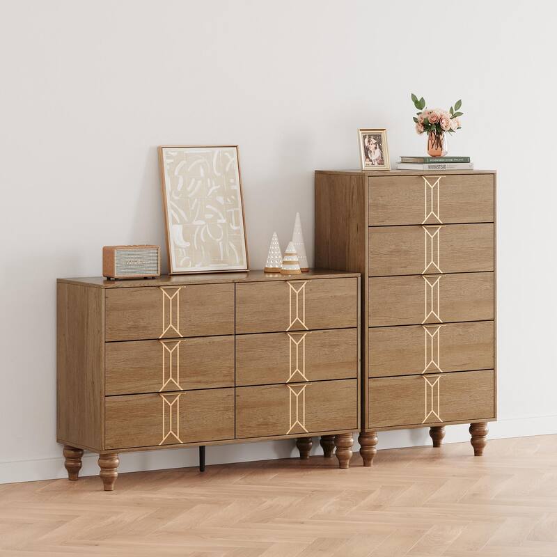 Modern Wooden 5/6 Drawer Dresser with Vintage Pattern Design