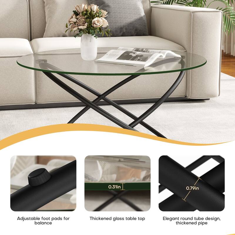 Tempered Glass Top Round Coffee Table with Metal Base