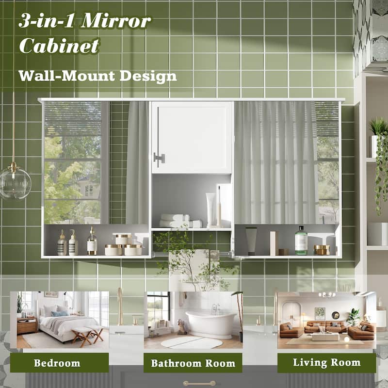 55" Wall-Mount 3-in-1 Mirror Cabinet with Adjustable Shelf, Soft-Closing Hinges, High-Quality MDF, for Bathroom Vanity
