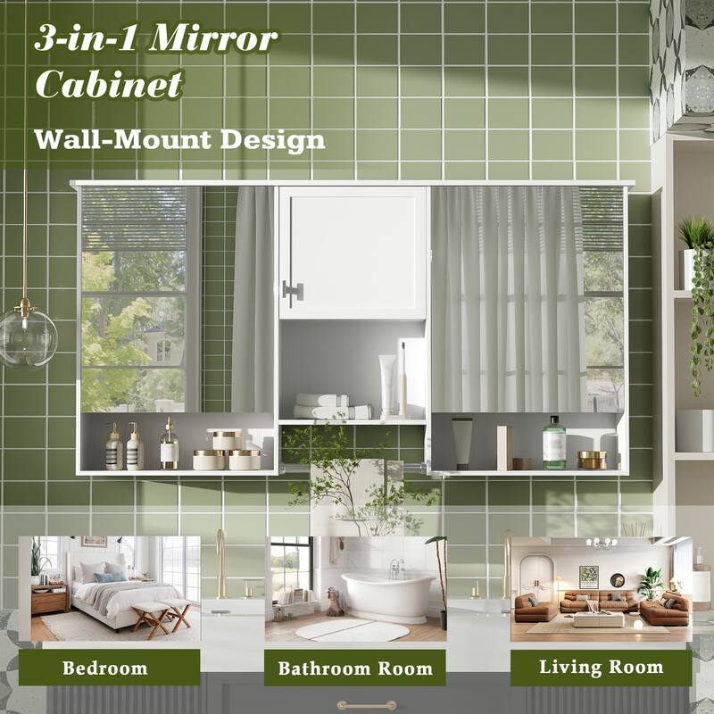 55 Inch Wall Mounted Mirror Cabinet with Adjustable Shelf, Soft Close Hinges, Bathroom Storage Organizer