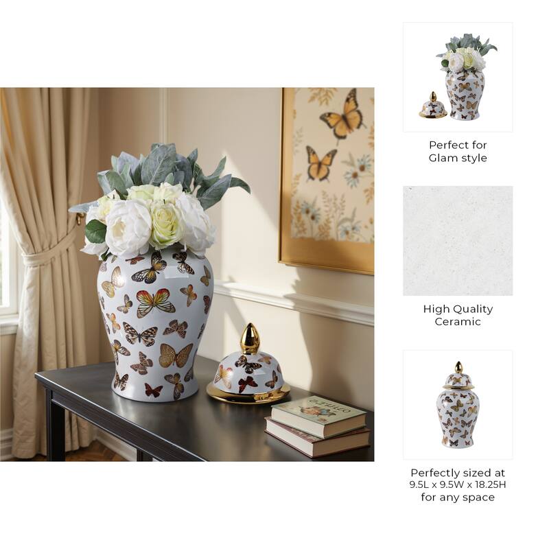 Ceramic Decorative Temple Jar with Lid and Metallic Butterfly Motif