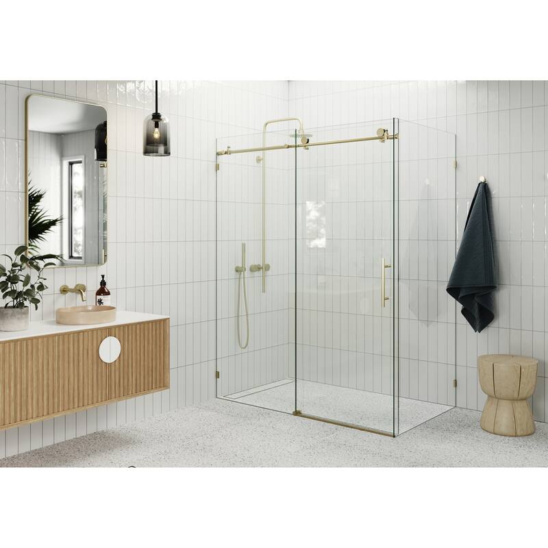 Glass Warehouse 60 in - 64 in x 32 in x 78 in Frameless Sliding Shower Door with Return Panel - Satin- Brass