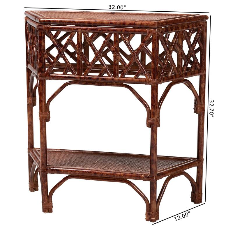 Gaspar Marbled Tortoise Natural Rattan Console Table - Handcrafted Accent Table with Chippendale Design, Coastal Tropical Style