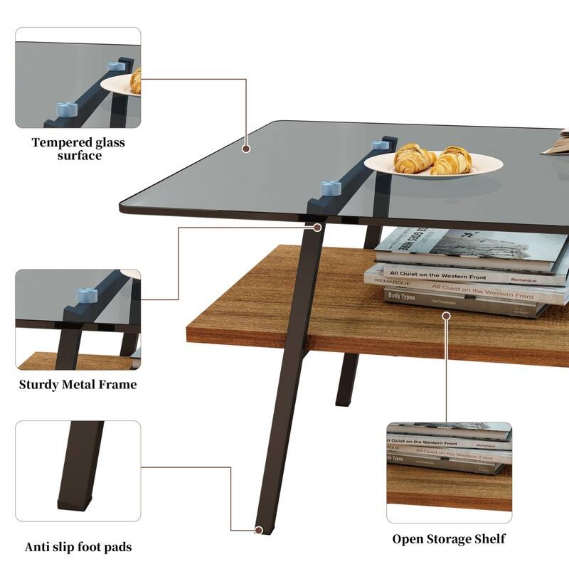 Rectangle Tempered Glass Coffee Table with Metal Legs