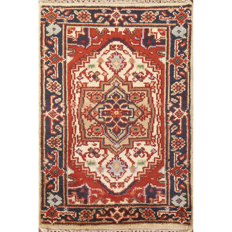 Hand Knotted Oriental 100% Wool Carpet Traditional Medallion Beige & Ivories Heriz (serapi) Area Rug - 3' 0'' X 2' 0''