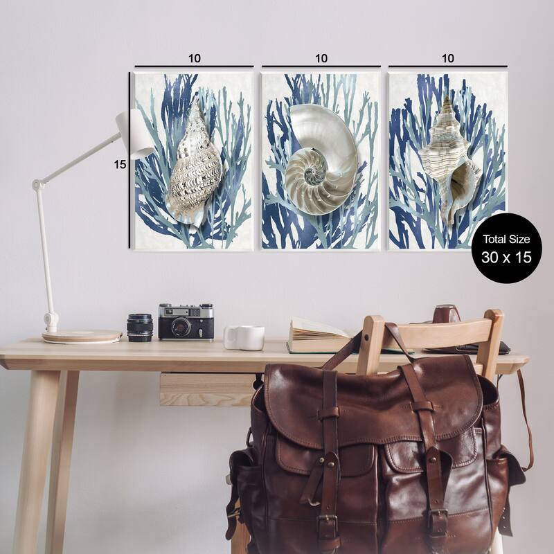 Stupell Shell Coral Blue Beach, 3pc Multi Piece Wood Wall Art Set