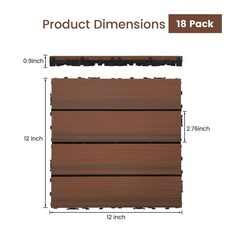 18 Pack Solid Wood Deck Flooring, Wood Interlocking Deck Tiles, 12 x 12 Inch Co-Extruded Interlocking Deck Tiles