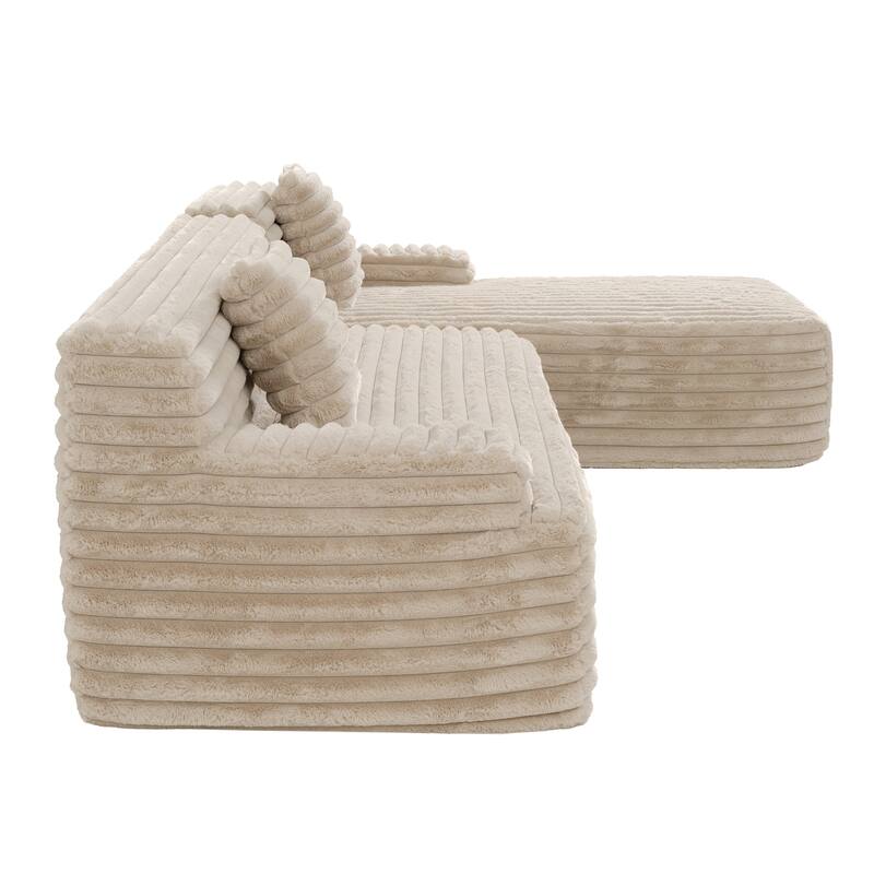 L Shape Modular Sectional Sofa with Chaise, Full-Compressed Boneless Couches, Faux Fur 3 Seat Sofa with 2 Throw Pillows