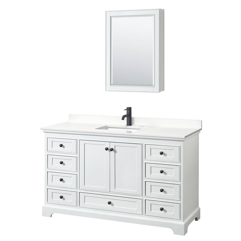 Deborah 60-inch Single Vanity, Quartz Top, Medicine Cabinet - White, Black Trim, White Quartz Top