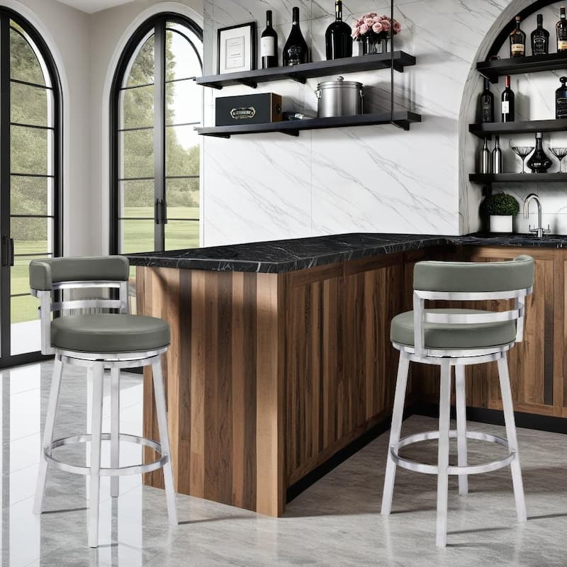 Madrid Modern Swivel Bar Stool, Upholstered Counter Height Chair with Metal Frame - Gray & Stainless Steel - Bar Height