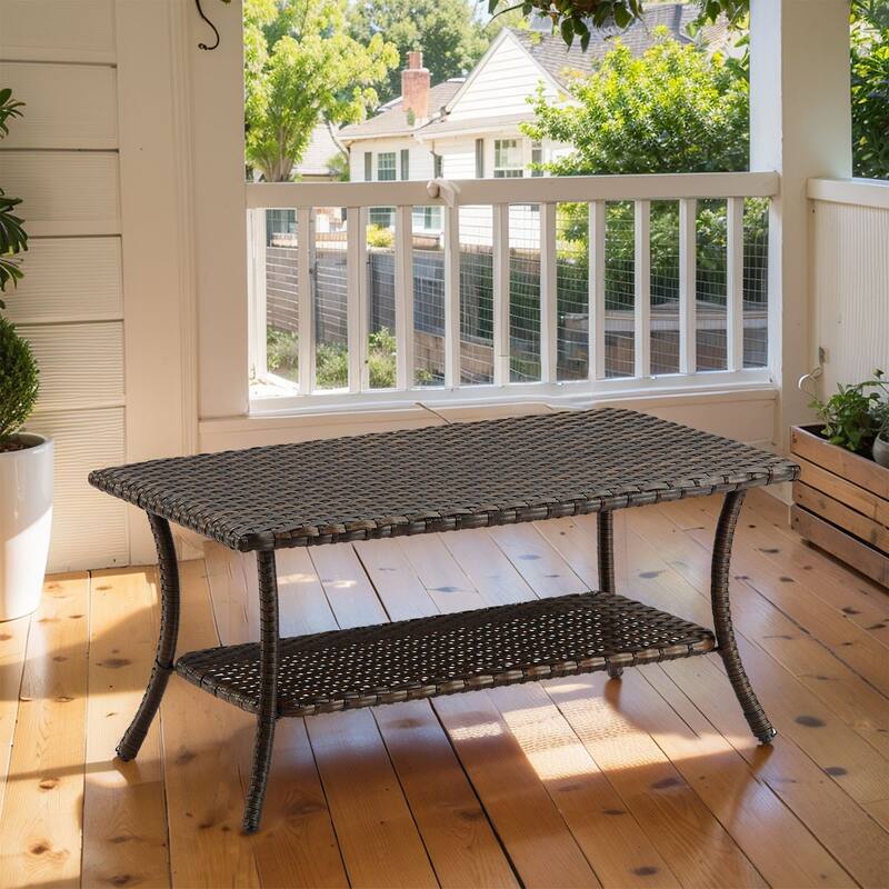 Meina Brown Wicker Rectangular Outdoor Coffee Table with Lower Wicker Storage Shelf