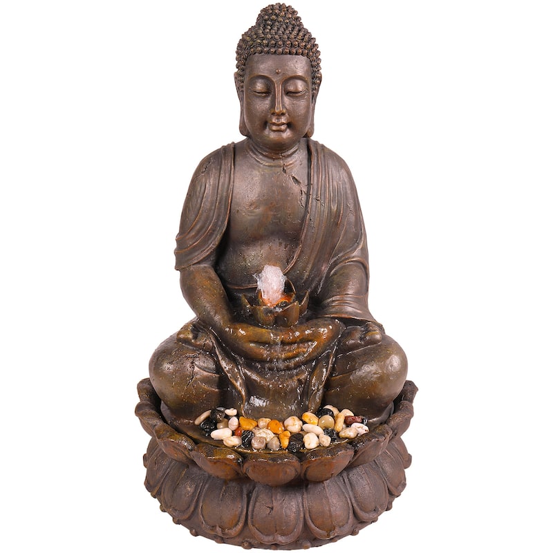 Alpine Corporation GEM122 33" Bronze Outdoor Meditating Buddha Water Fountain with LED Lights
