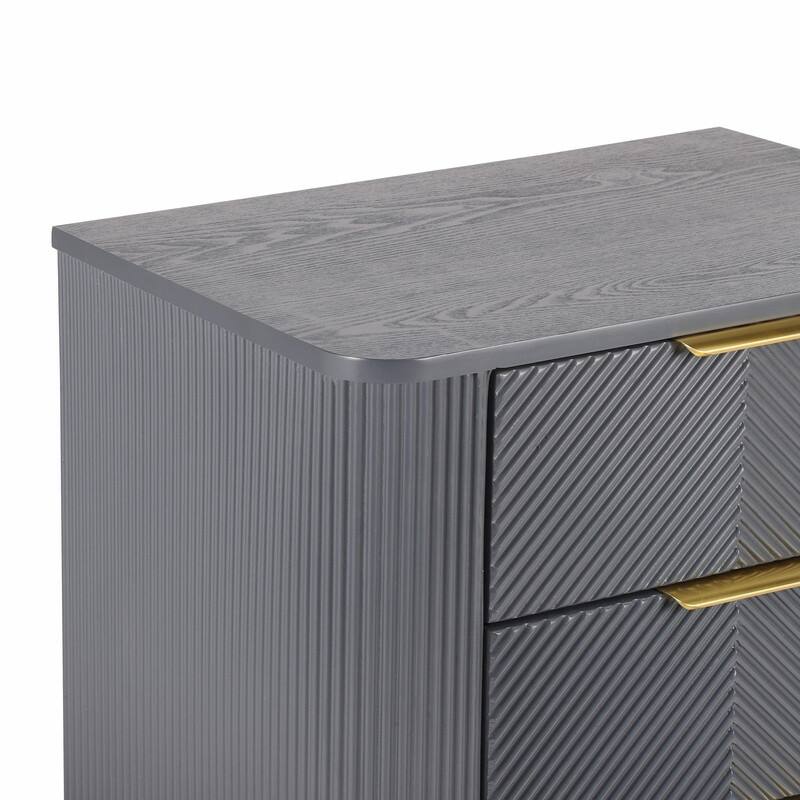Mid-Century Fluted 3-Drawer Nightstand with Curved Design and Gold Handles