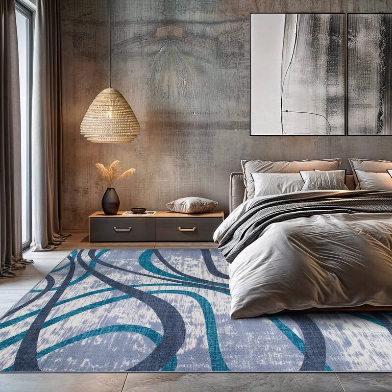 Contemporary Distressed Abstract Lines Non Slip Area Rug