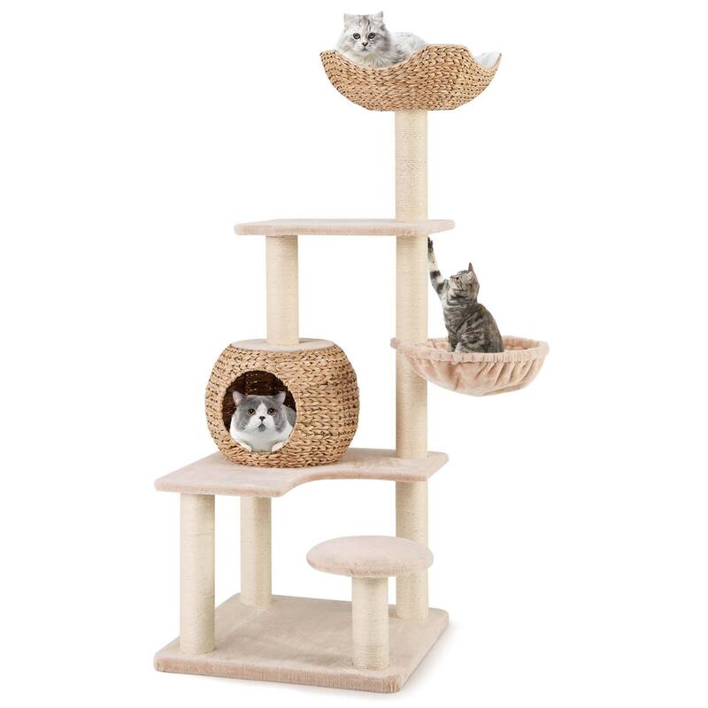 Costway 59" Cattail Cat Tower with Sisal Scratching Posts Perch Condo - See Details - Beige+Natural - See Details