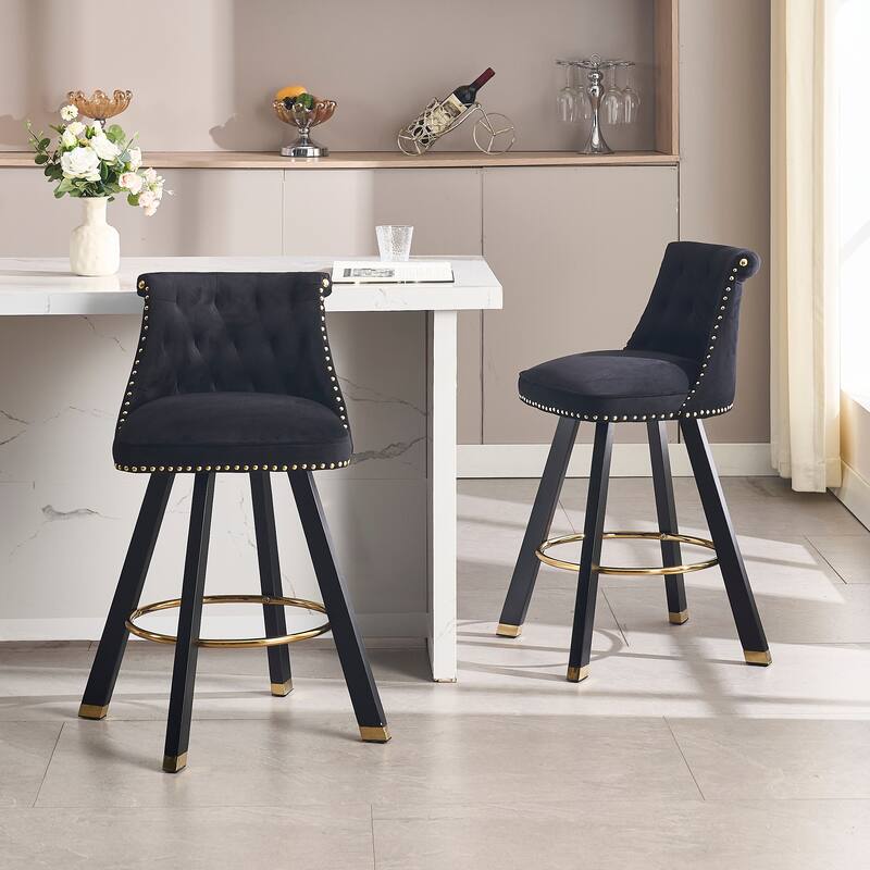 Versatile Velvet Tufted Bar Chairs Set of 2 Swivel Bar Stools with Back Pull Ring, Rivet Decoration and Wooden Square Foot