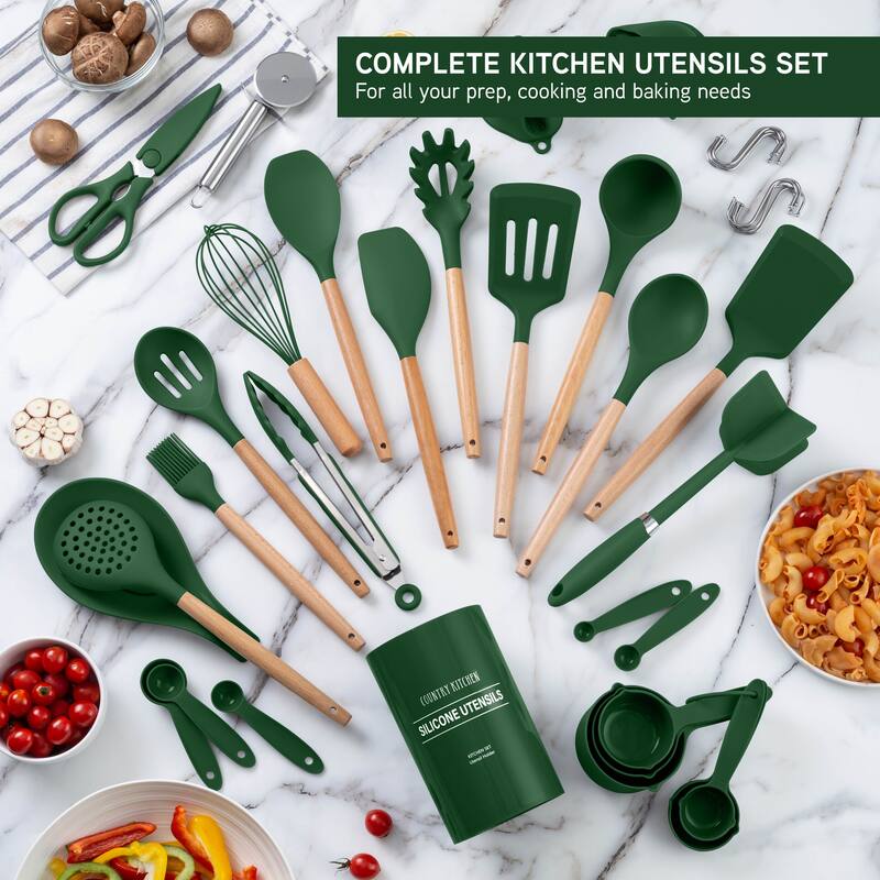 Country Kitchen Non Stick Silicone Utensil Set with Rounded Wood Handles for Cooking and Baking, 38 Piece Set
