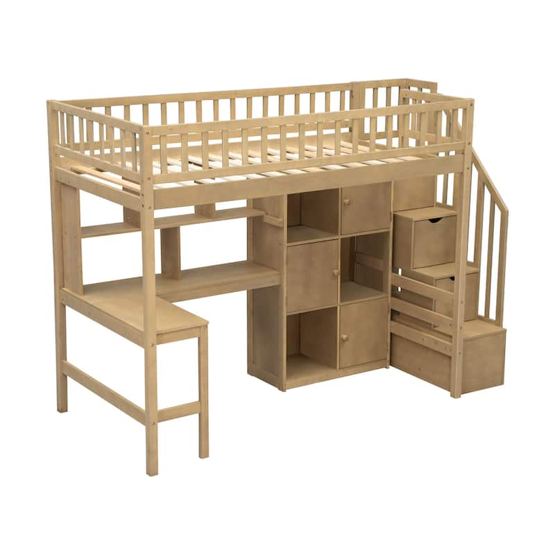 Twin Loft Bed in Walnut with Integrated L-Shaped Desk, LED Lighting, Multi-Tier Storage Shelves, Cabinets, and Staircase