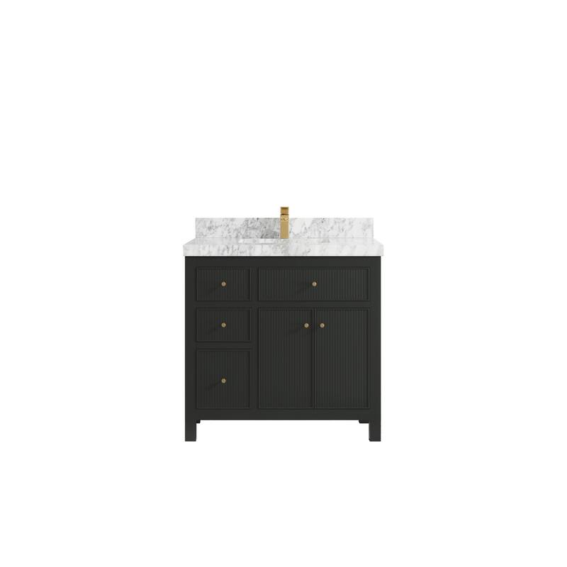 Willow Collections 36 in W x 22 in D Sonoma Center Sink Free Standing Reeded Bathroom Vanity with Countertop - 2" Carrara Marble - Black Top