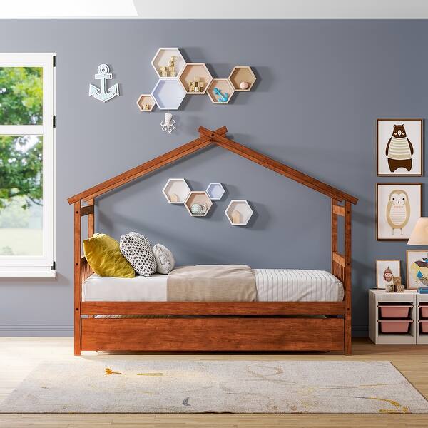 slide 2 of 12, Space-Saving Twin Size House Bed with Twin Trundle - Functional Design Brown