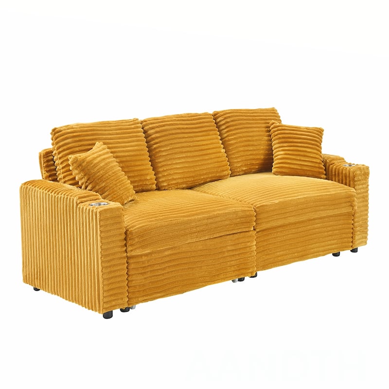 80"Corduroy Sofa With Cup Holder