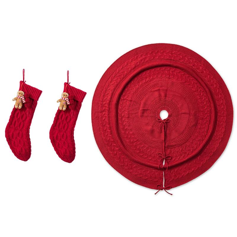 Glitzhome Set of 3 Red or White Snowflake Christmas Stocking and Tree Skirt Decoration - Red Gingerbreadman