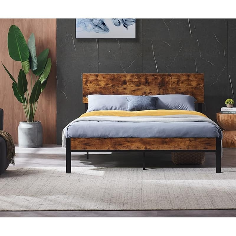 Metal Platform Bed Frame with Wooden Headboard and Footboard