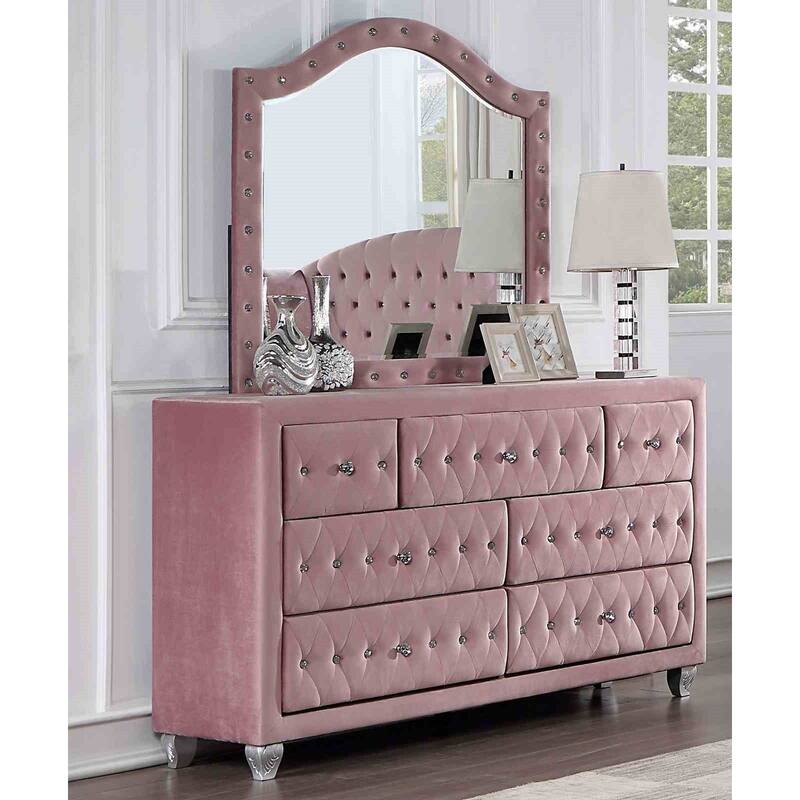 Glam Pink Upholstered 4Pc Bedroom Furniture Set with Crystal Button Tufting
