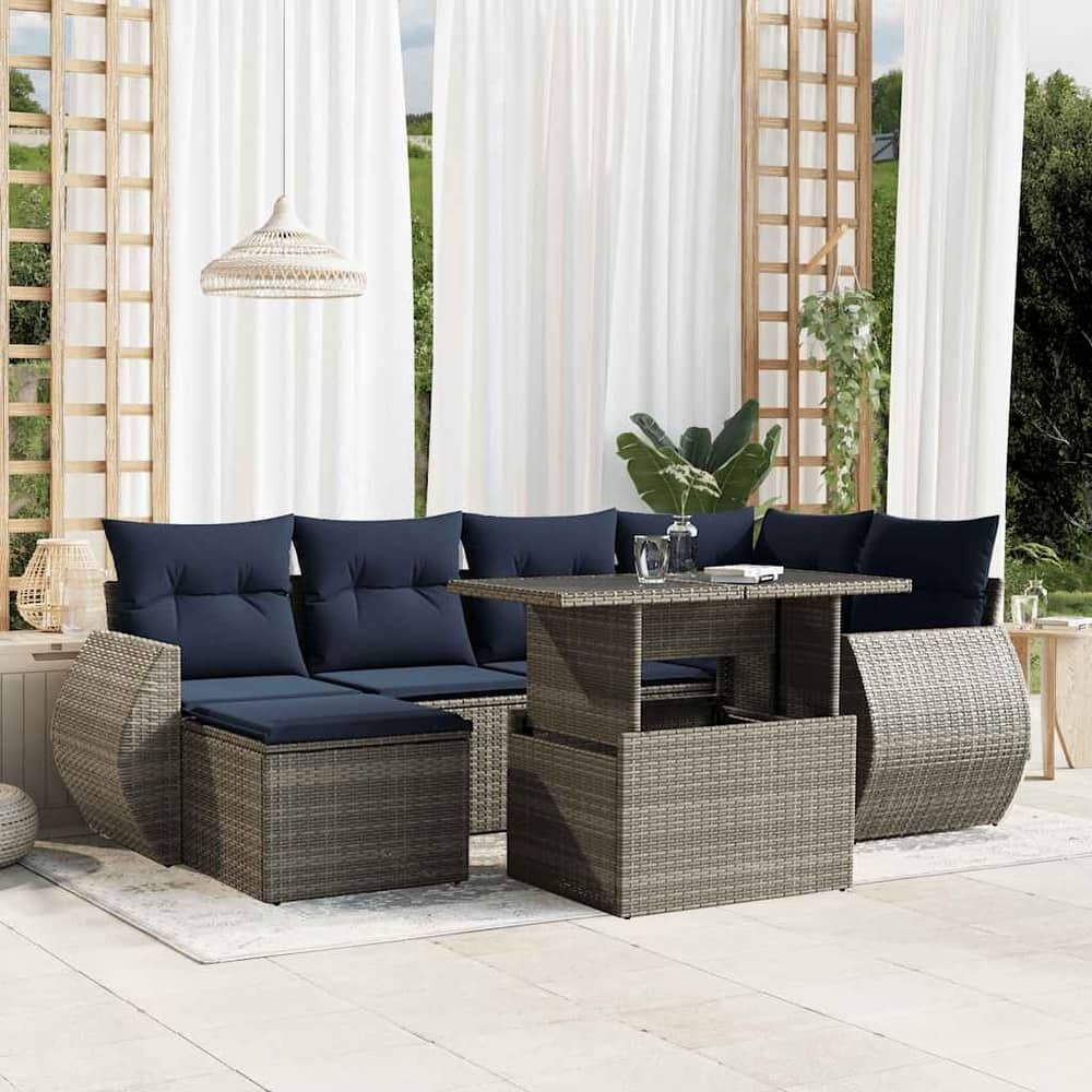vidaXL Patio Sofa Set with Cushions and Table Outdoor 7 Piece Poly Rattan