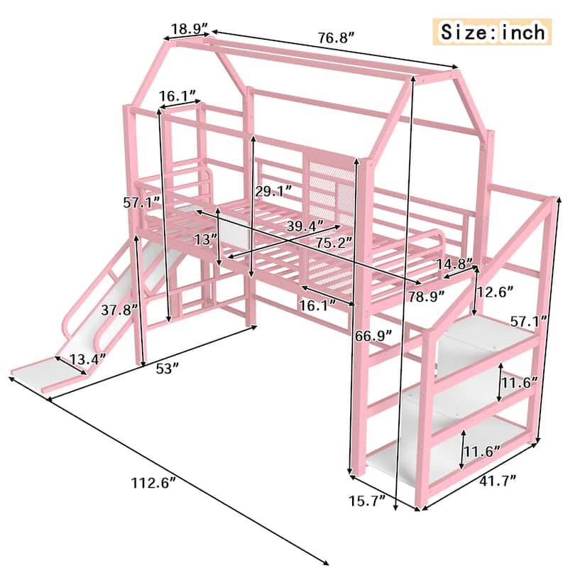 Fun Play House-shaped Loft Bed Metal Bed Frame with Grid and Shelves