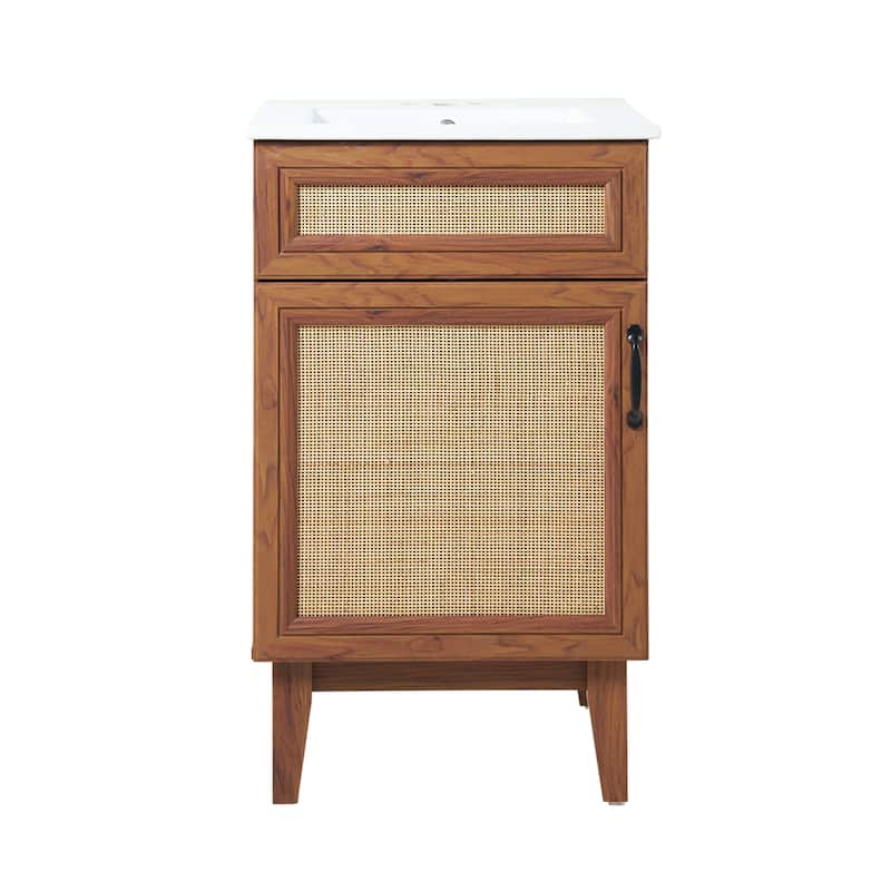 Ancillary Rattan Modern Farmhouse 2-Shelf Bath Vanity Cabinet Only (Sink Basin not Included), by JONATHAN Y - 20 in. - Walnut
