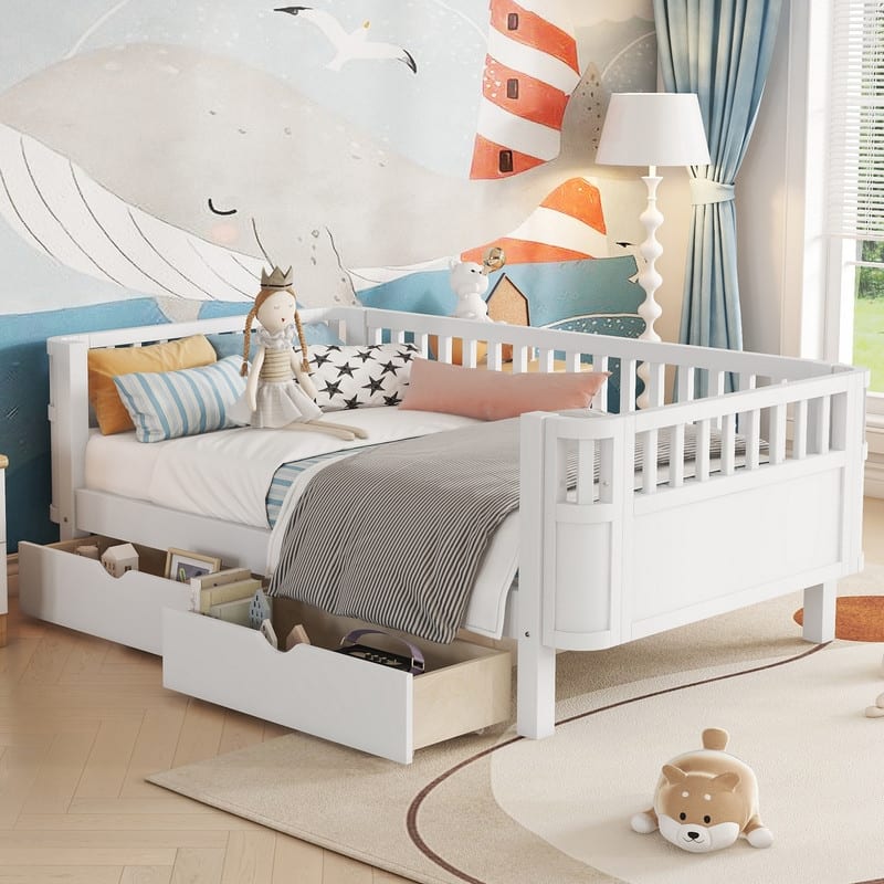 Twin Size Wood Platform Bed with Rails for Girls and Boys - White