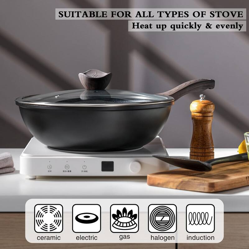 Nonstick Wok with Lid, 12 Inch Woks & Stirfry Pans, Granite Stone