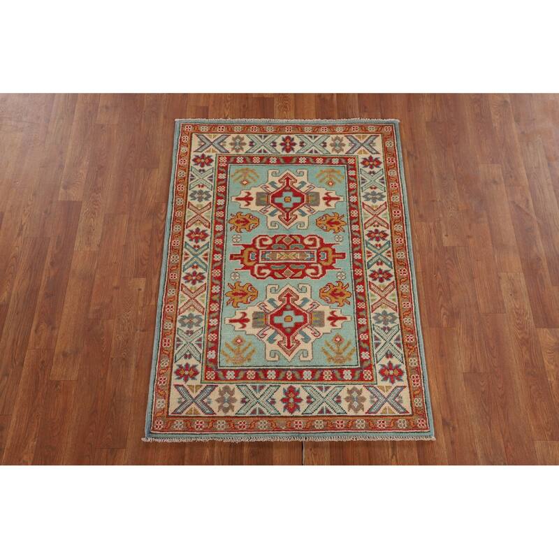 Turquoise Blue Kazak Oriental Accent Rug Hand-Knotted Wool Carpet - 2'9" x 3'11"