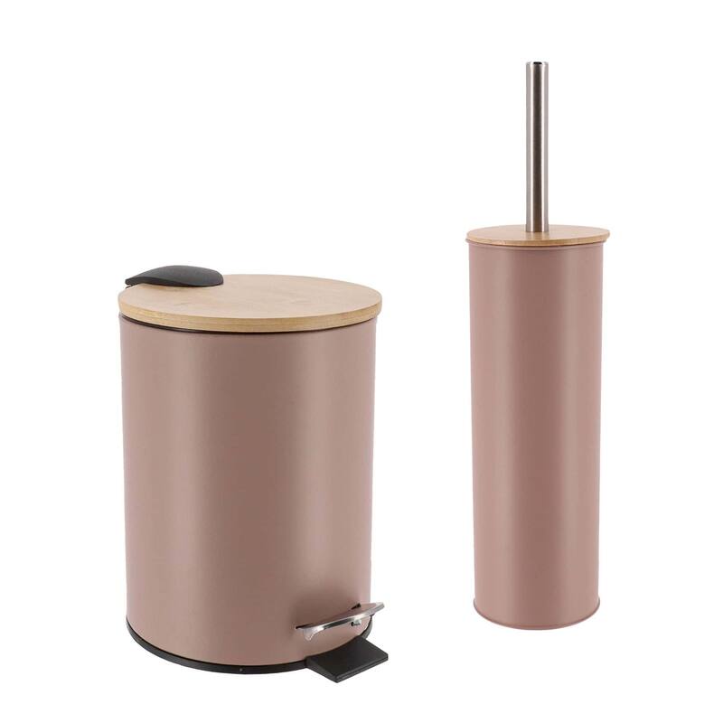 Bathroom Set with Bamboo Lid - Matte Metal Trash Can and Toilet Brush - 15.6" H x 11" L x 11" W - Cappuccino