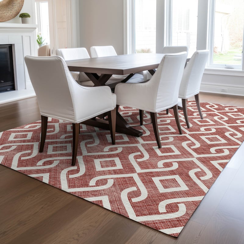 Machine Washable Indoor/ Outdoor Chantille Trellis Scroll Rug - Burgundy - 10' x 14'